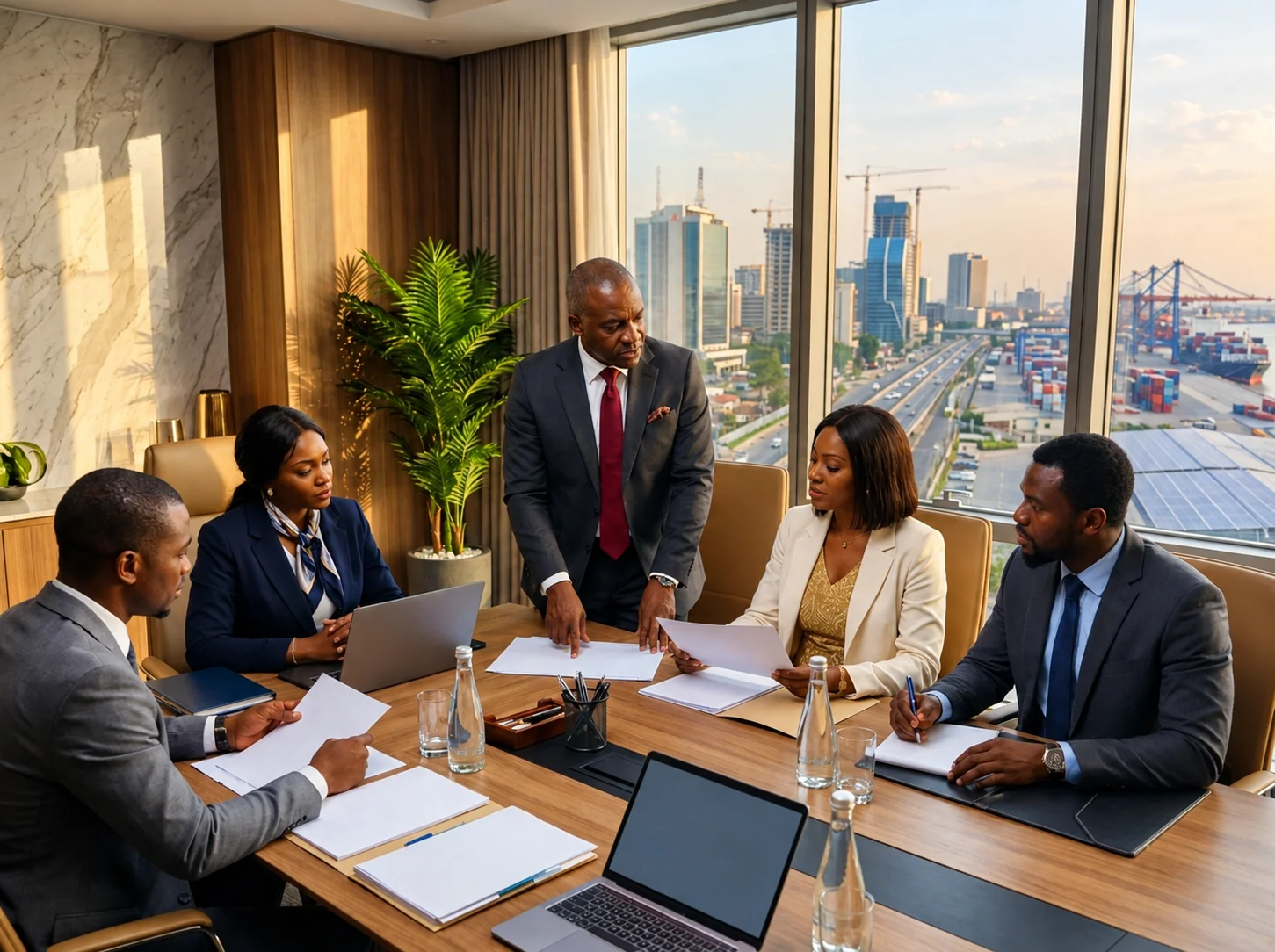 Strategic business partnership handshake between executives in a modern corporate setting